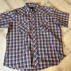 Wrangler Western Shirt pearl Snap Red Blue and tan short sleeve